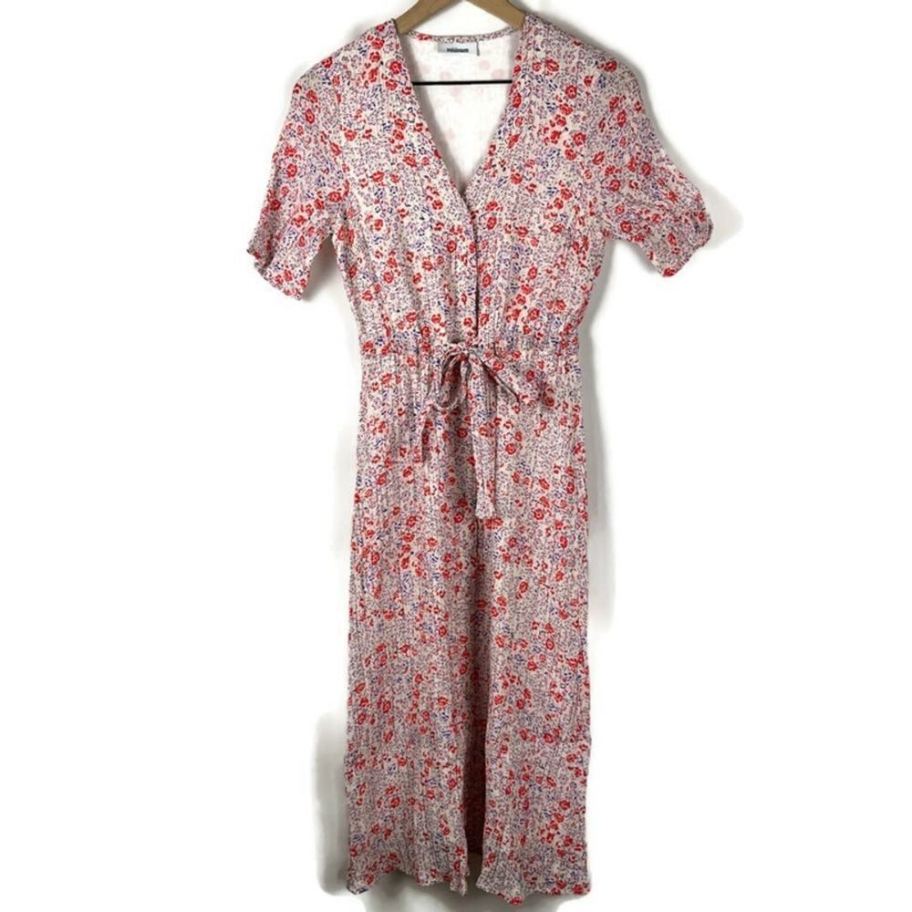 Women’s Floral Shirt Dress Button Up Crinkle V-Neck  Red/White Sz US 2 Cottage